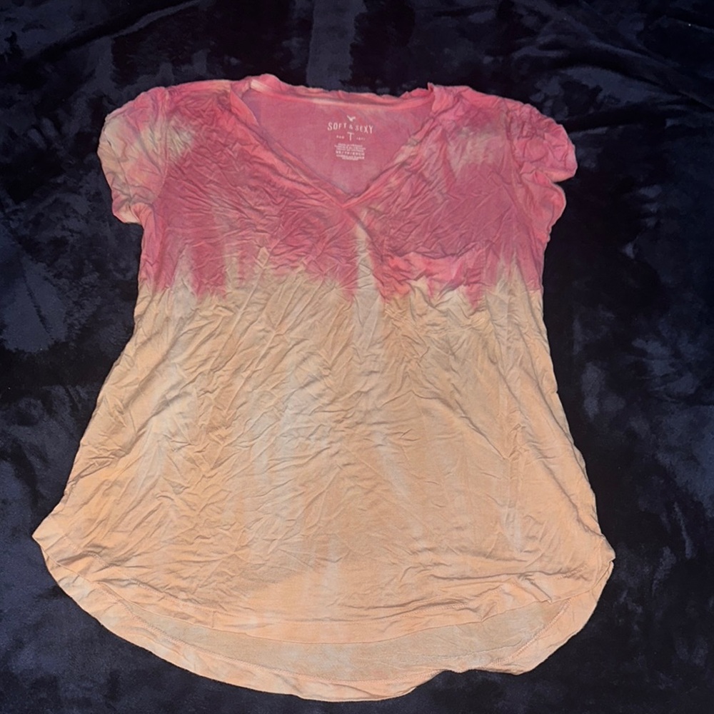 Women's Pink and Orange V-Neck Top